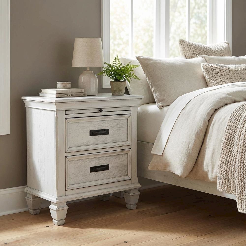 Distressed White Nightstand with 2 Drawers and Farmhouse Style