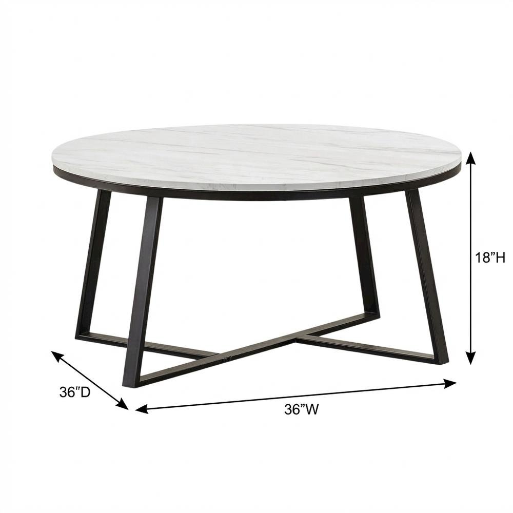 Contemporary Round Faux Marble Coffee Table with White and Matte Black Finish