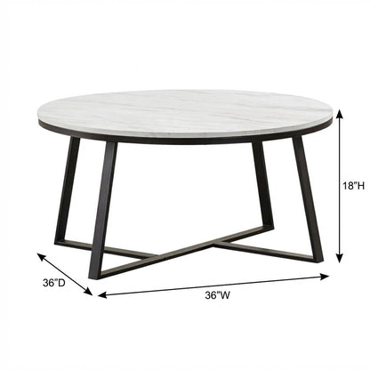 Contemporary Round Faux Marble Coffee Table with White and Matte Black Finish
