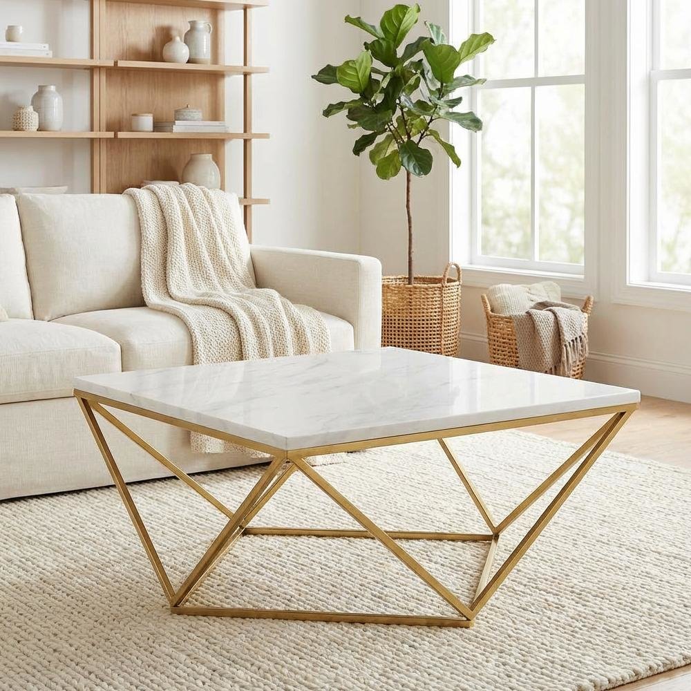 Square White Faux Marble Coffee Table with Gold Legs and Contemporary Design