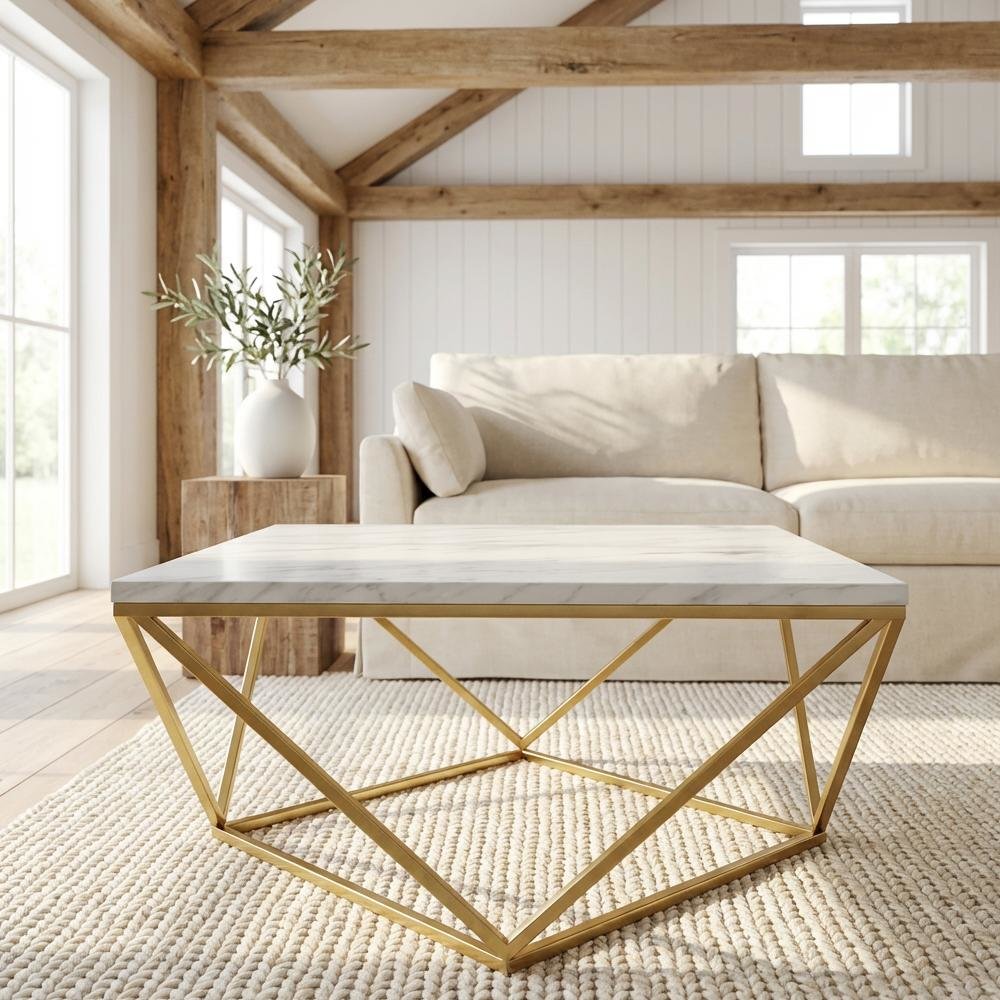 Square White Faux Marble Coffee Table with Gold Legs and Contemporary Design