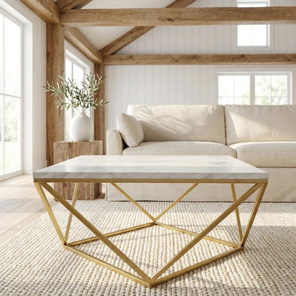 Square White Faux Marble Coffee Table with Gold Legs and Contemporary Design
