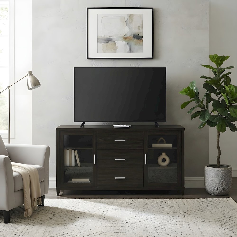 Engineered Wood TV Stand with 2-Door Storage for Living Room, Cappuccino