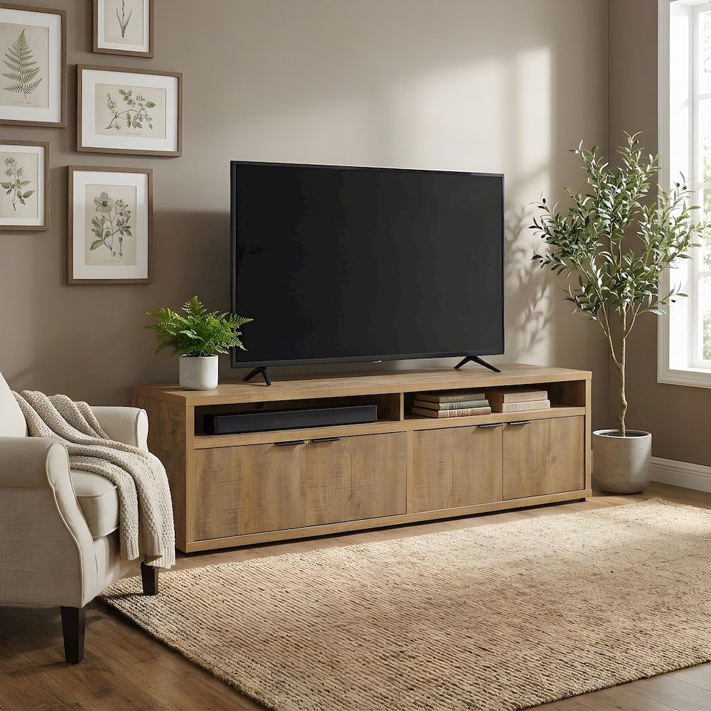 Rustic Engineered Wood TV Stand with 4-Door Storage and Media Console, Mango