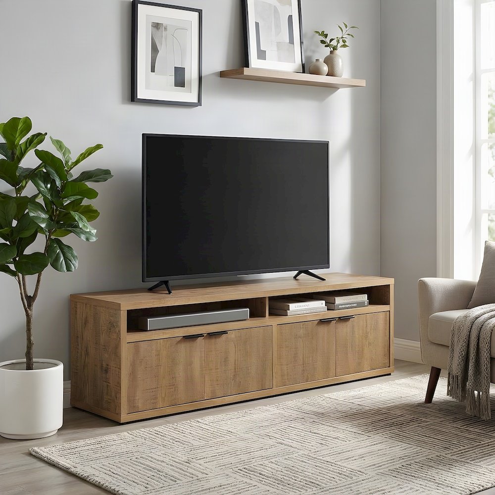 Rustic Engineered Wood TV Stand with 4-Door Storage and Media Console, Mango