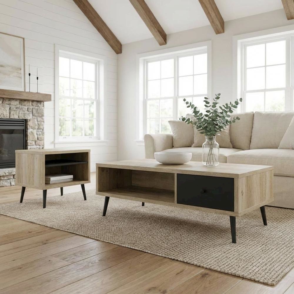 Distressed Pine 2-Piece Coffee and End Table Set with Rectangular Top
