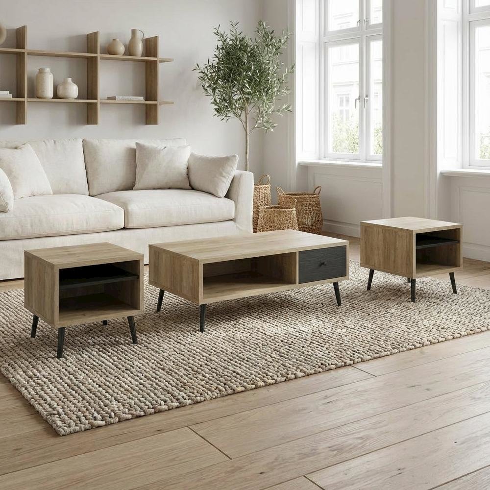 Distressed Pine 3-Piece Coffee, End Table Set with Rectangular Shape