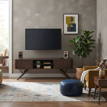Mid-Century Modern Wood TV Stand with Sliding Doors for Living Room, Walnut
