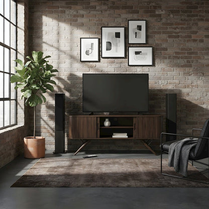 Mid-Century Modern Wood TV Stand with Sliding Doors for Living Room, Walnut
