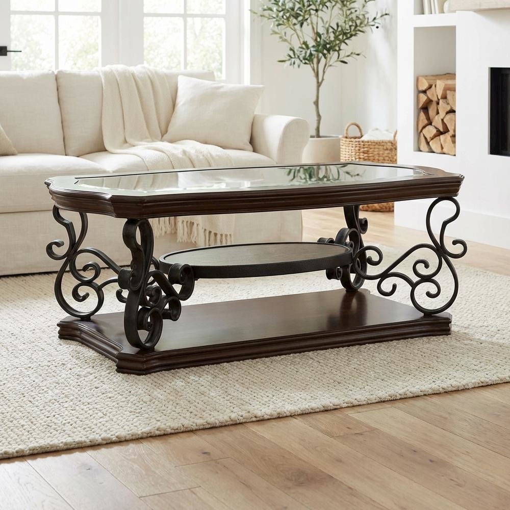 Deep Merlot Rectangular Coffee Table with One Shelf and Glass Top Design