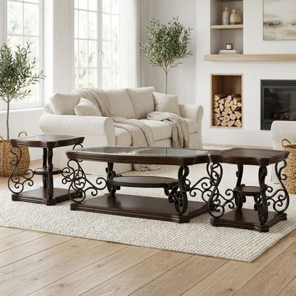 Dark Merlot 3-Piece Glass Top Coffee and End Table Set with Traditional Design