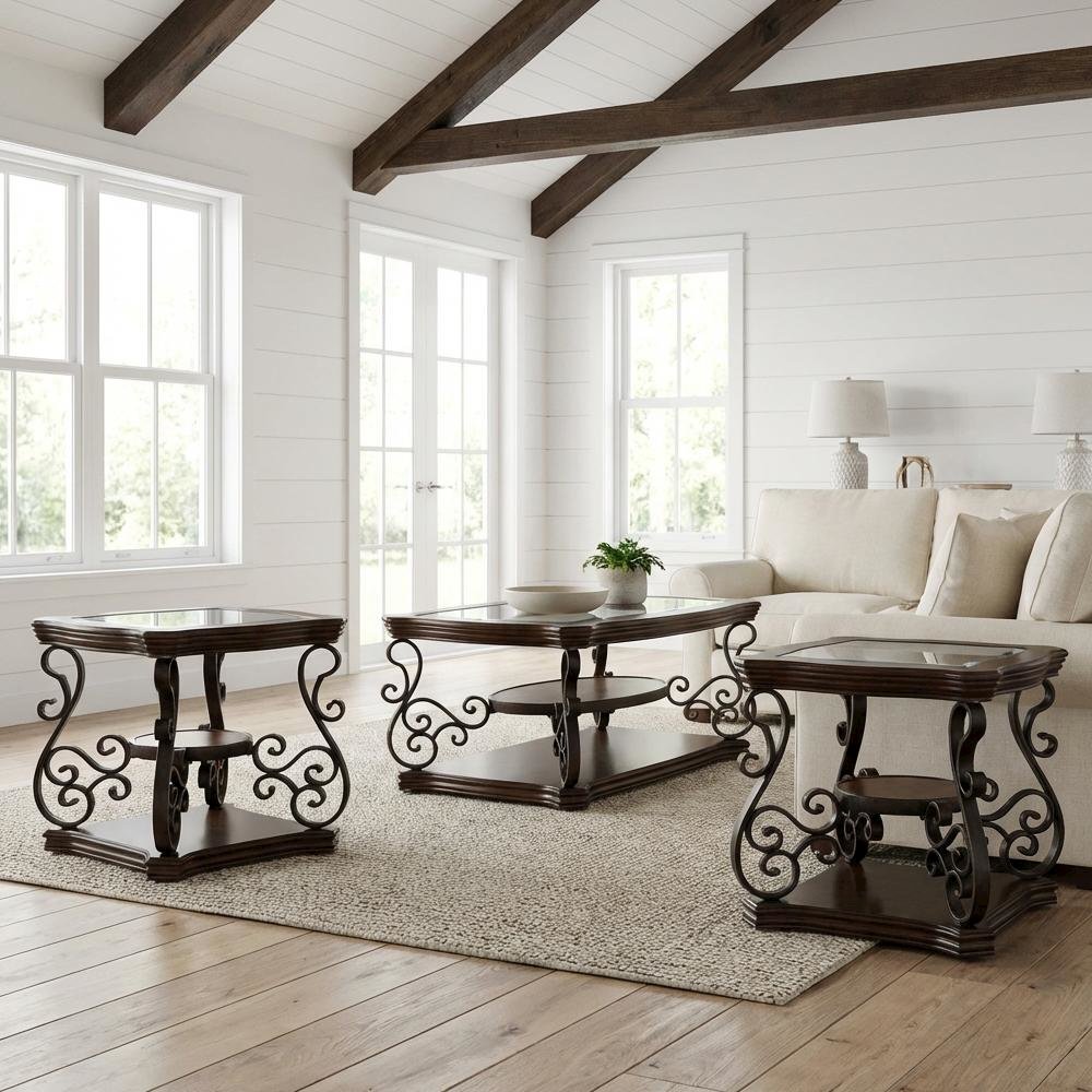 Dark Merlot 3-Piece Glass Top Coffee and End Table Set with Traditional Design