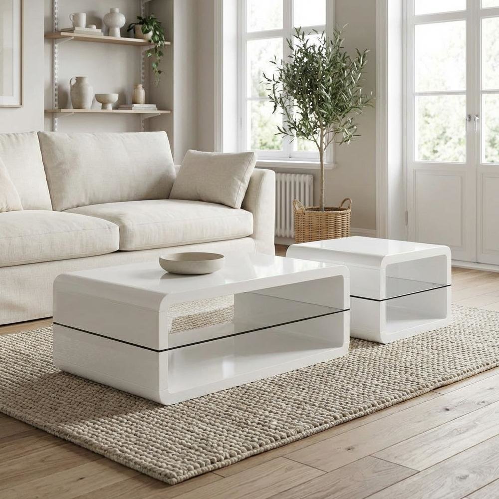 White 2-Piece Coffee and End Table Set with Rectangular Design, Plastic Glides