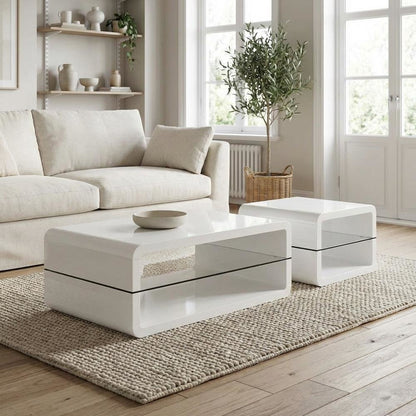 White 2-Piece Coffee and End Table Set with Rectangular Design, Plastic Glides