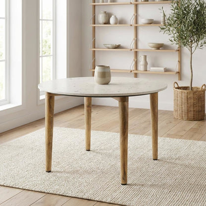 Round White Coffee Table with Marble Top and Warm Wood Finish