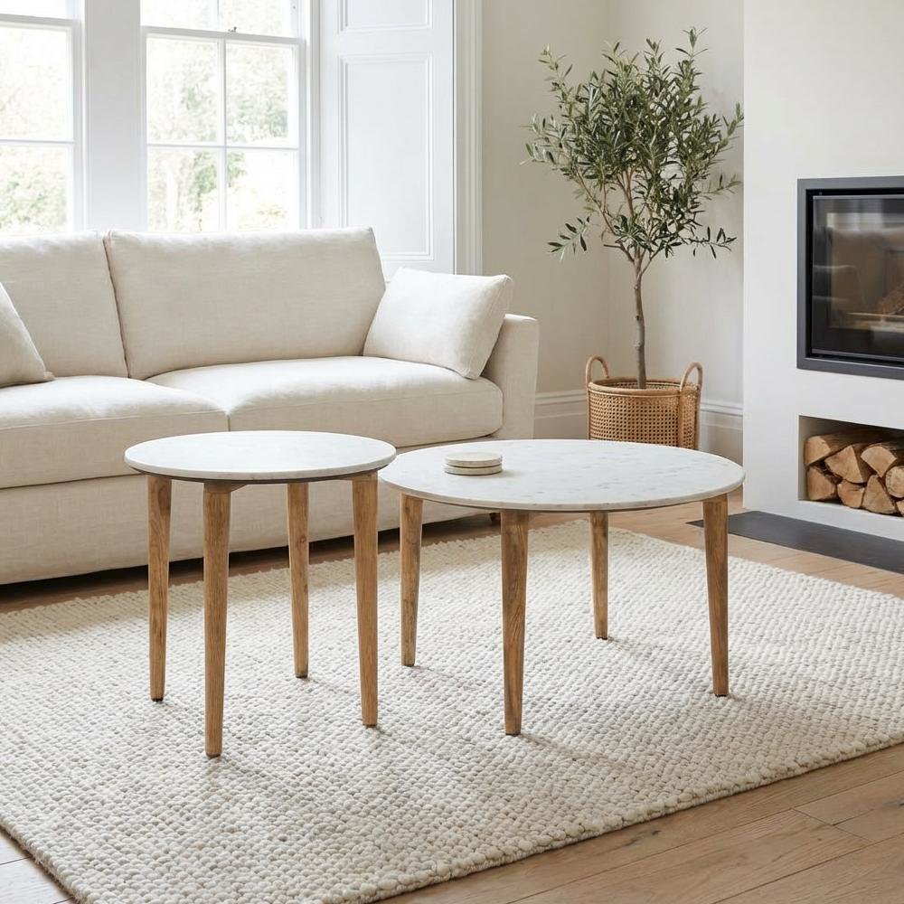 White 2-Piece Living Room Table Set with Round Coffee and End Tables