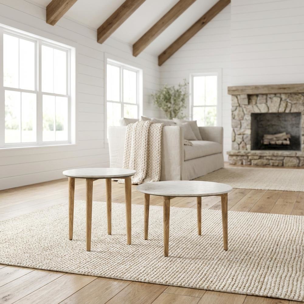 White 2-Piece Living Room Table Set with Round Coffee and End Tables