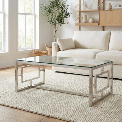 Rectangular Silver Coffee Table with Glass Top and Contemporary Design