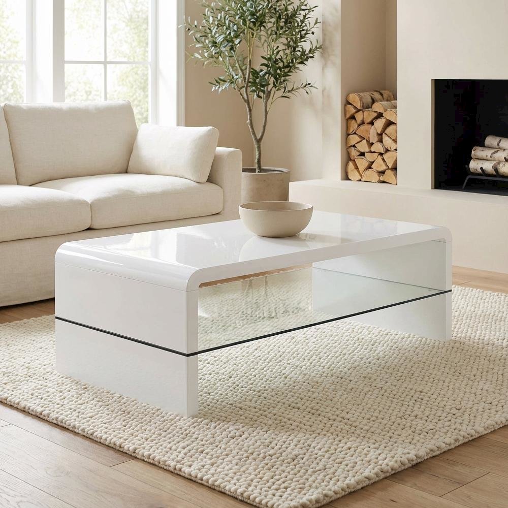 Rectangular White High Gloss Coffee Table with Shelf Contemporary Design