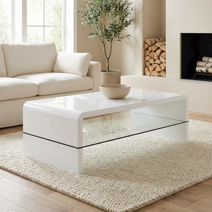 Rectangular White High Gloss Coffee Table with Shelf Contemporary Design