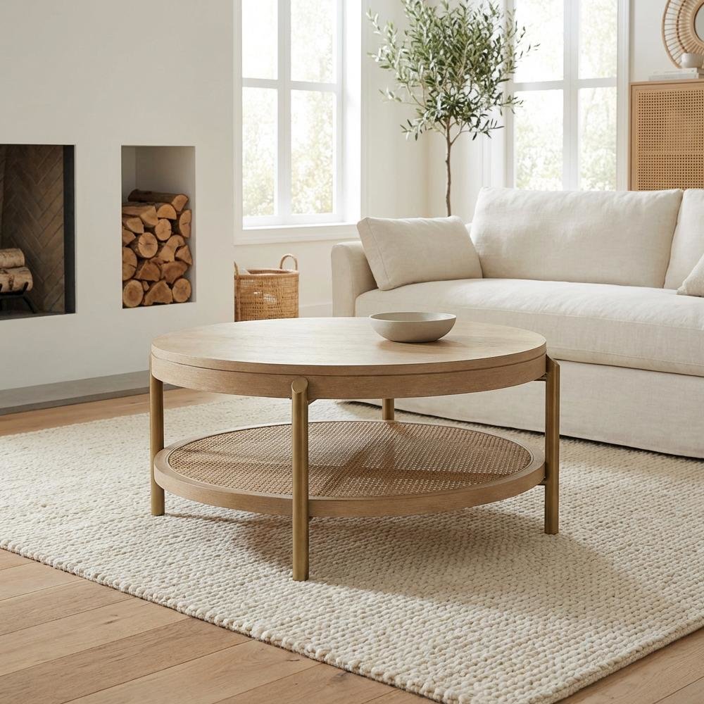 Round Coffee Table Sand Wash with Storage Shelf and Leveler Plastic Glide