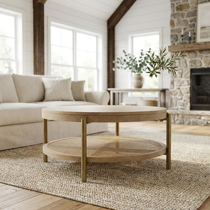 Round Coffee Table Sand Wash with Storage Shelf and Leveler Plastic Glide