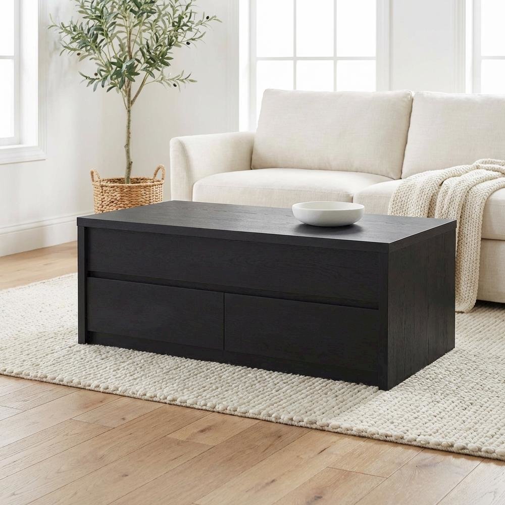 Lift Top Coffee Table Black with Dual Drawers Rectangular Contemporary Design