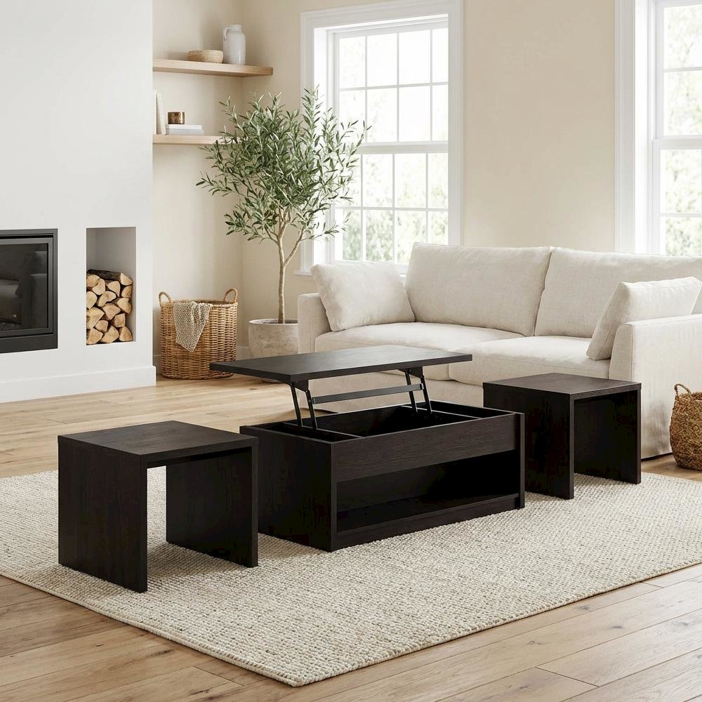 Black 3-Piece Lift Top Coffee Table Set with Casters and Rectangular Design
