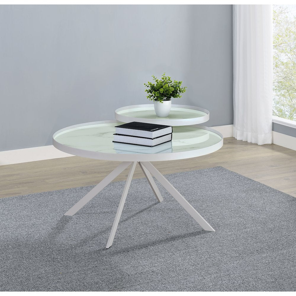 Briggs Round Marble Printed Glass Top Coffee Table White
