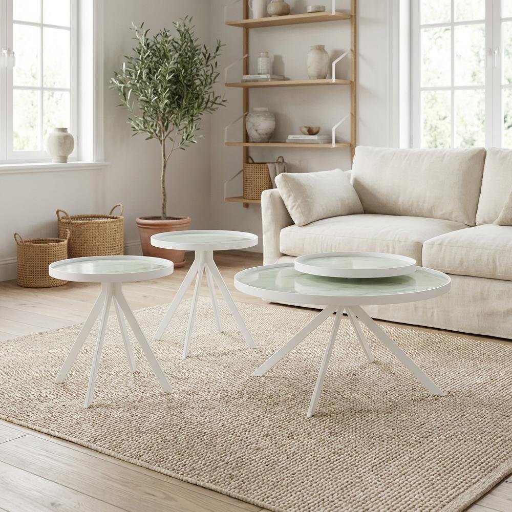 White 3-Piece Round Living Room Table Set with Contemporary Design and Leveler