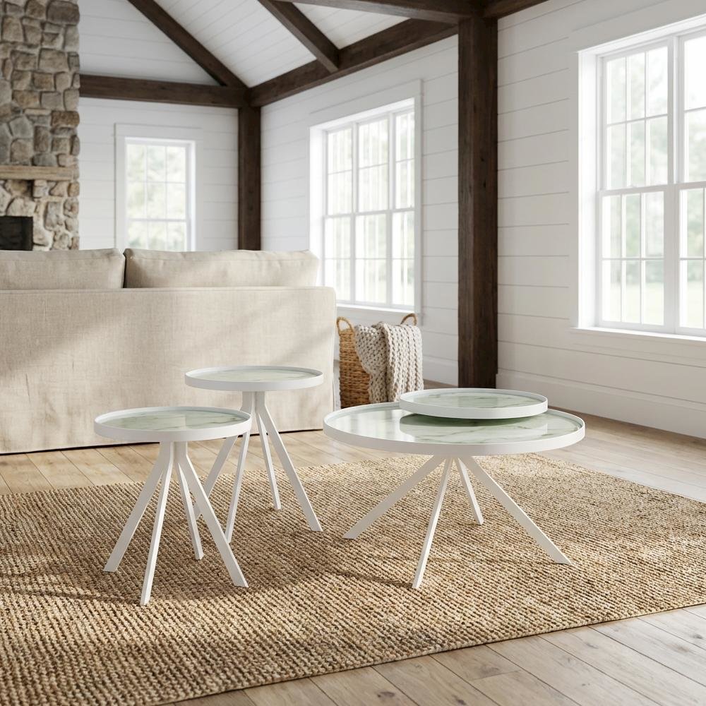 White 3-Piece Round Living Room Table Set with Contemporary Design and Leveler