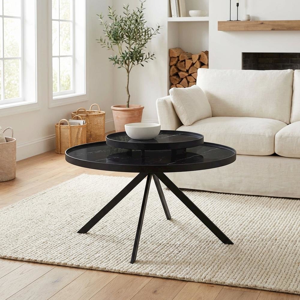 Round Black Glass Top Coffee Table with Marble Print and Leveler Design