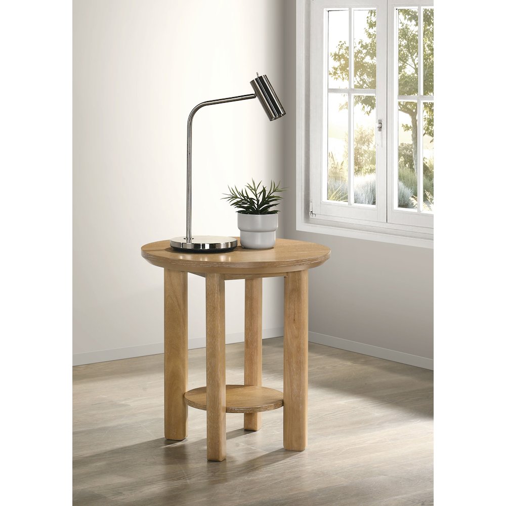 Ottowa Round Wood Side End Table with Shelf Light Oak
