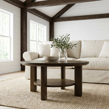 Brown Round Coffee Table with Leveler and Transitional Style, 200 LBS Capacity