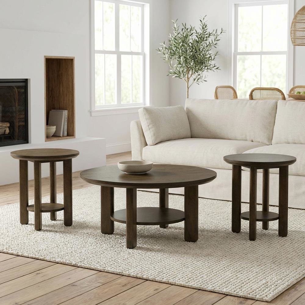 3-Piece Brown Round Wood Coffee Table Set with End Tables and Durable Design