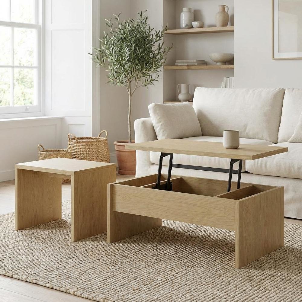 Light Oak 2-Piece Lift Top Coffee and End Table Set with Storage Compartments