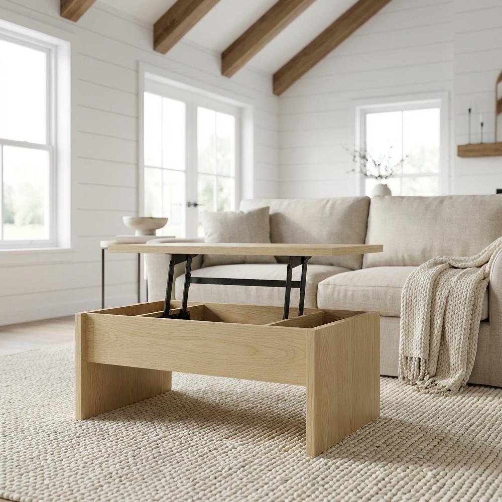 Light Oak 2-Piece Lift Top Coffee and End Table Set with Storage Compartments