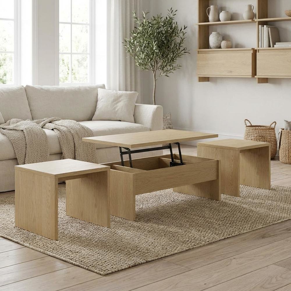 Light Oak 3-Piece Lift Top Coffee Table Set, Rectangular Shape, Plastic Glide