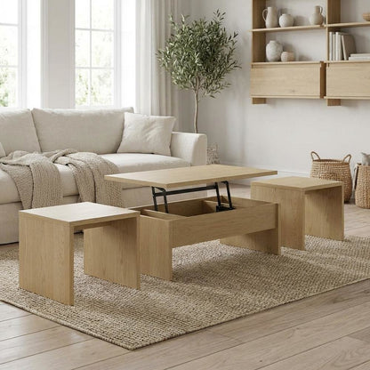 Light Oak 3-Piece Lift Top Coffee Table Set, Rectangular Shape, Plastic Glide
