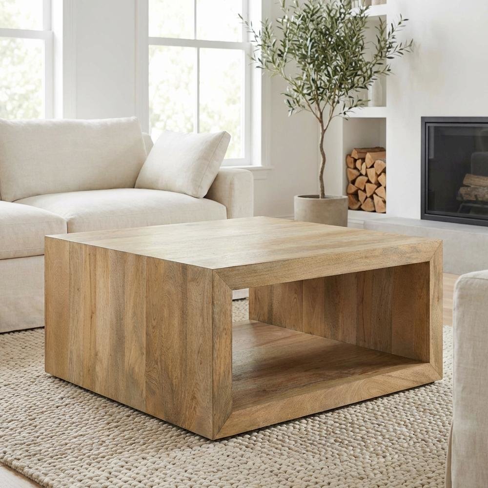 Warm-Toned Square Mango Wood Coffee Table with Plastic Glide and Sturdy Design