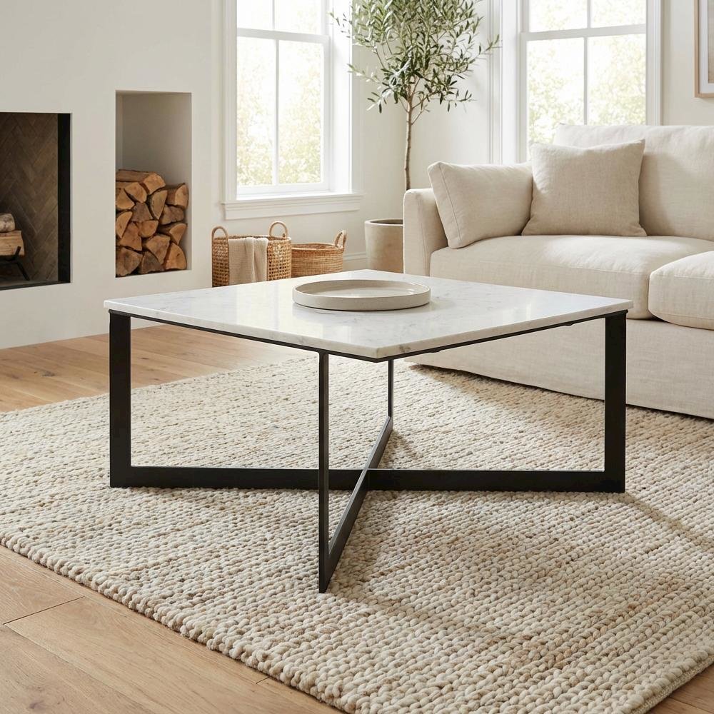 White and Black Square Marble Top Coffee Table with Contemporary Design