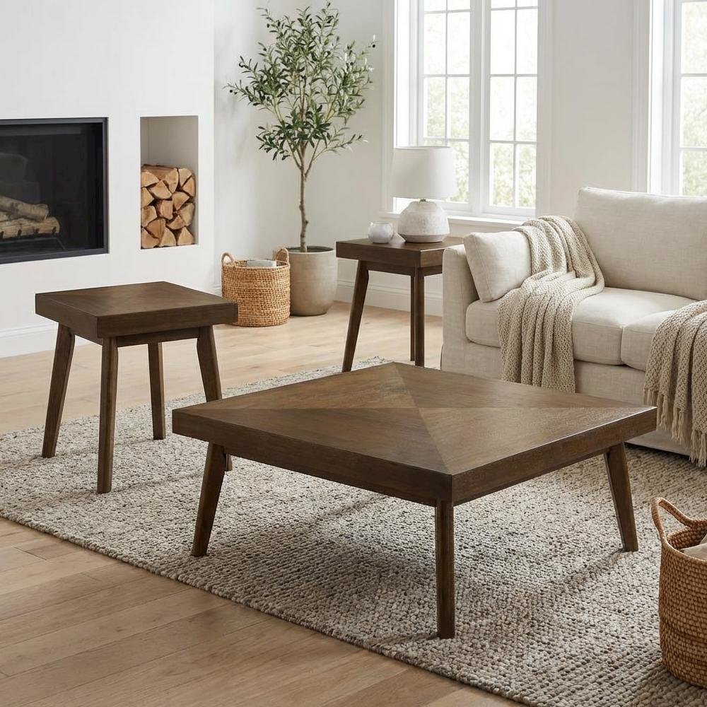 3-Piece Walnut Square Coffee and End Table Set with Mid-Century Modern Design