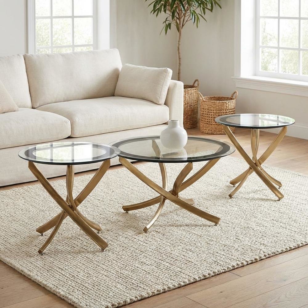 Rose Brass 3-Piece Round Living Room Table Set with Contemporary Design