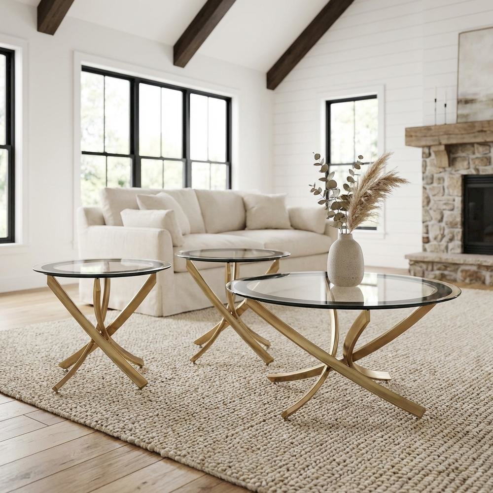 Rose Brass 3-Piece Round Living Room Table Set with Contemporary Design