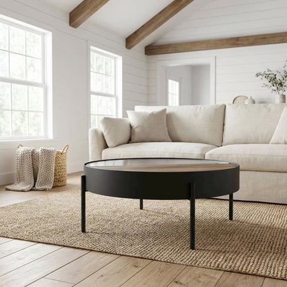 Round Coffee Table Sandy Black with Hidden Storage Rustic Design
