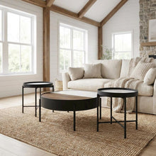 3-Piece Sandy Black Round Coffee and End Table Set Rustic Design