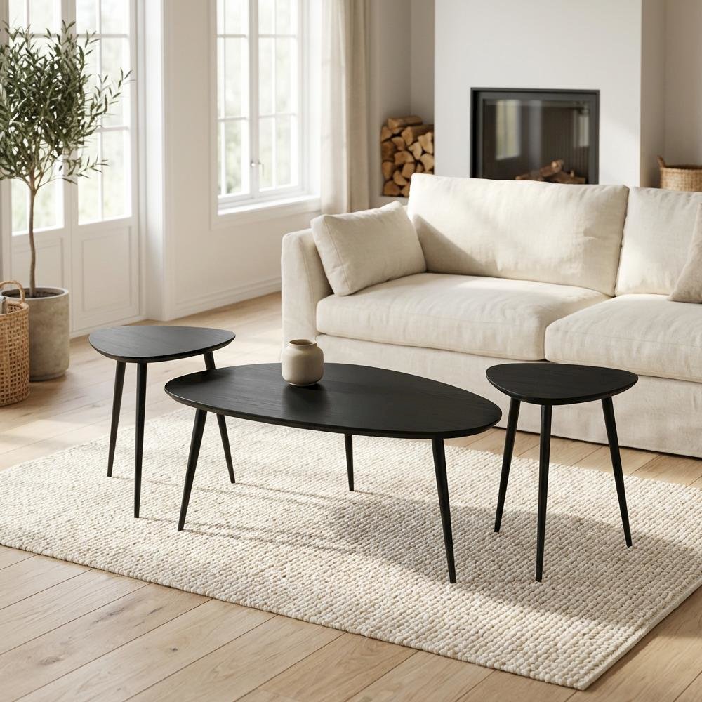 Black Triangular 3-Piece Coffee and End Table Set with Mid-Century Modern Design