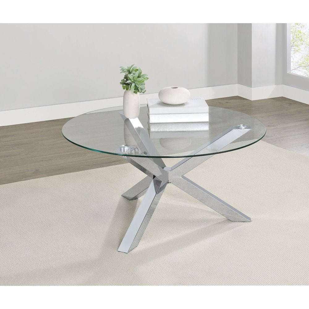 Kenzie Round Tempered Glass Top Cocktail Coffee Table Chrome