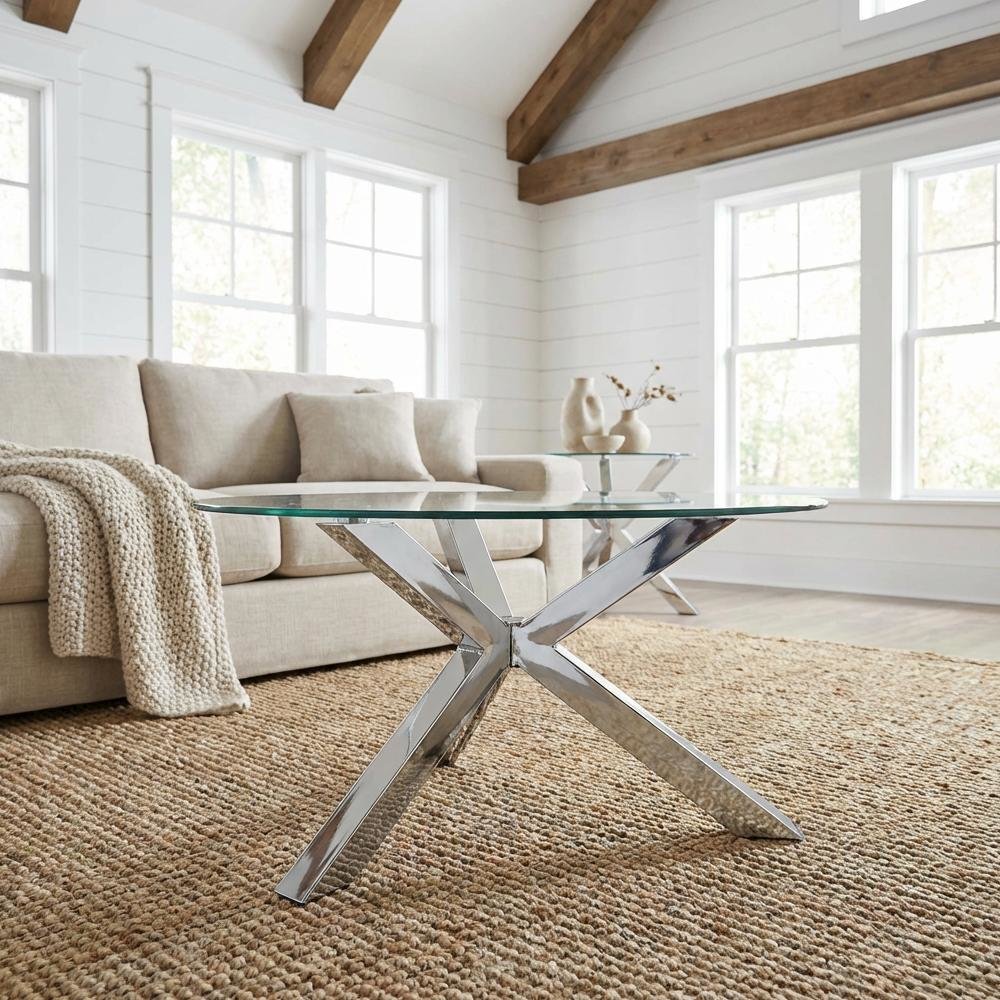 Round Tempered Glass Top Coffee Table Chrome Frame with Plastic Glide Base
