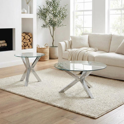 Chrome 2-Piece Round Coffee and End Table Set with Plastic Glide